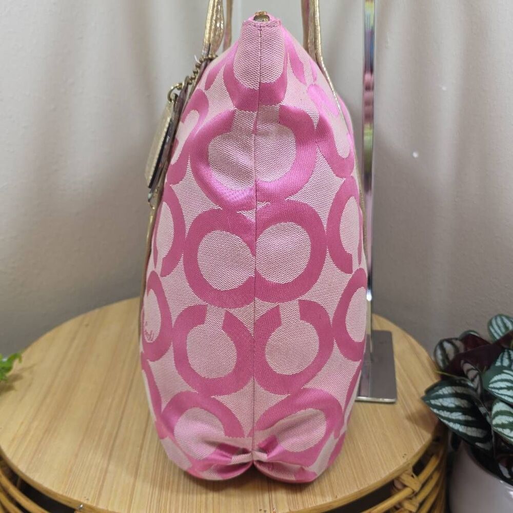 Coach RARE Poppy Pink/Gold OP Art Glam Tote Bag - Picture 5 of 15